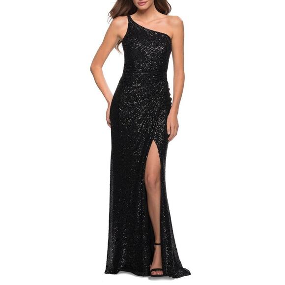 La Femme NWT 29962 Sequin One-Shoulder Gown Black Size 4 - Picture 1 of 7